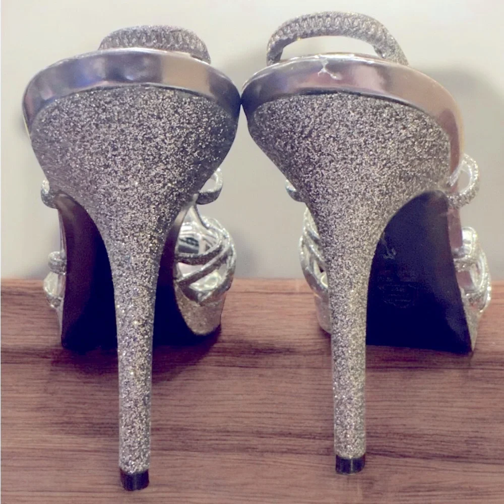 Nina New York Silver Stiletto Platform Slingback Heels Size 9 M‎